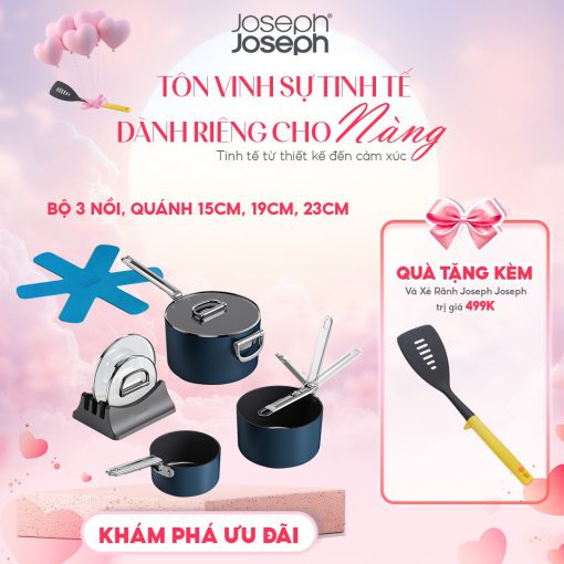 Bộ 3 Nồi Sốt Joseph Joseph Space 15/19/23 cm (3.8 – 5.4 Lít) – Chống Dính Ceramic Có Nắp – Tay Cầm Gập SwingLock – 010725